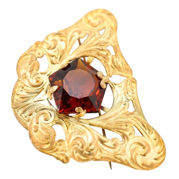 Antique Art Nouveau Gold Wash Brooch with Large Amber Glass Stone - Picture 5 of 9